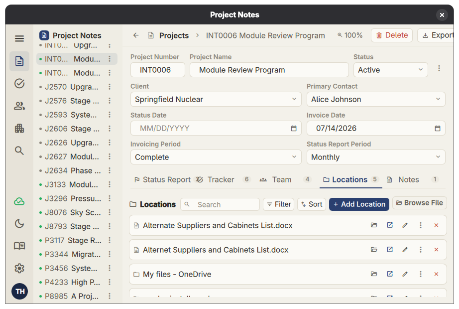 Project Notes Pro file and folder list showing linked project files and full paths.