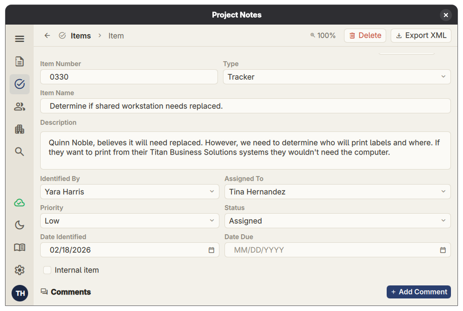 Project Notes Pro item detail view showing action item details, notes, and attachments.
