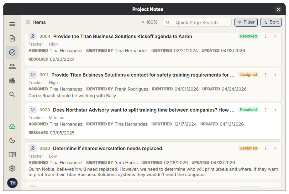 Project Notes Pro item list showing project action items, owners, status, and due dates.