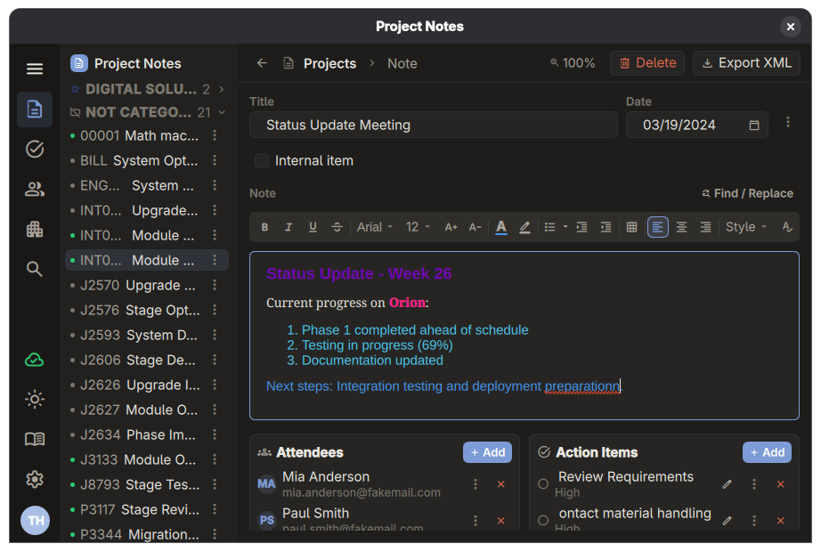 Project Notes Pro meeting note with attendees and action items captured alongside it.