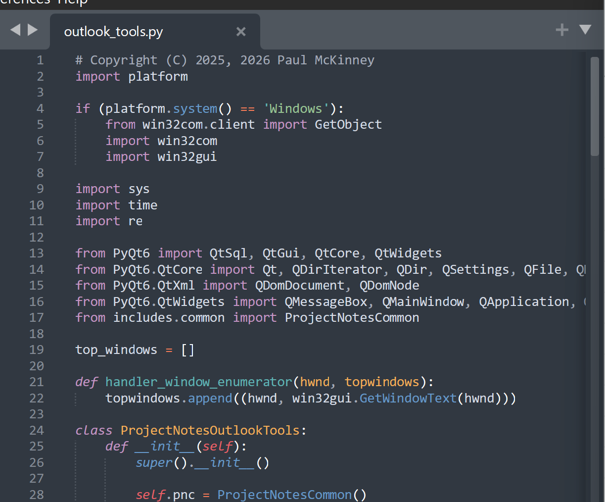 Project Notes Pro plugin editor showing Python plugin code alongside the project tracker.