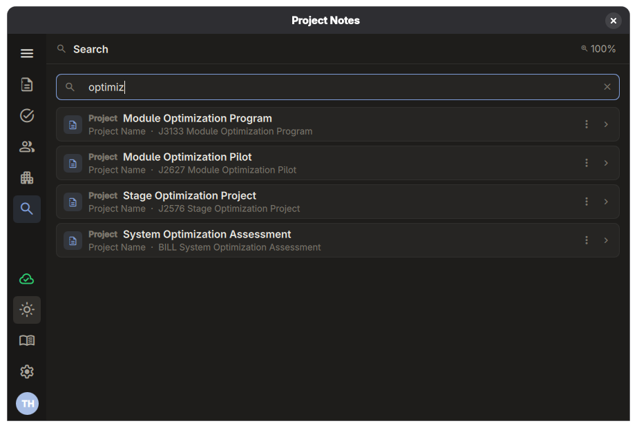 Project Notes Pro search showing full-text search results across notes, action items, and file records.