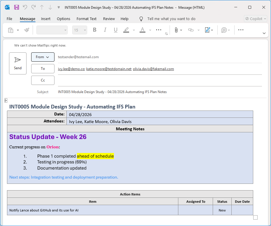 Project Notes Pro send meeting notes plugin showing formatted email being sent to attendees.