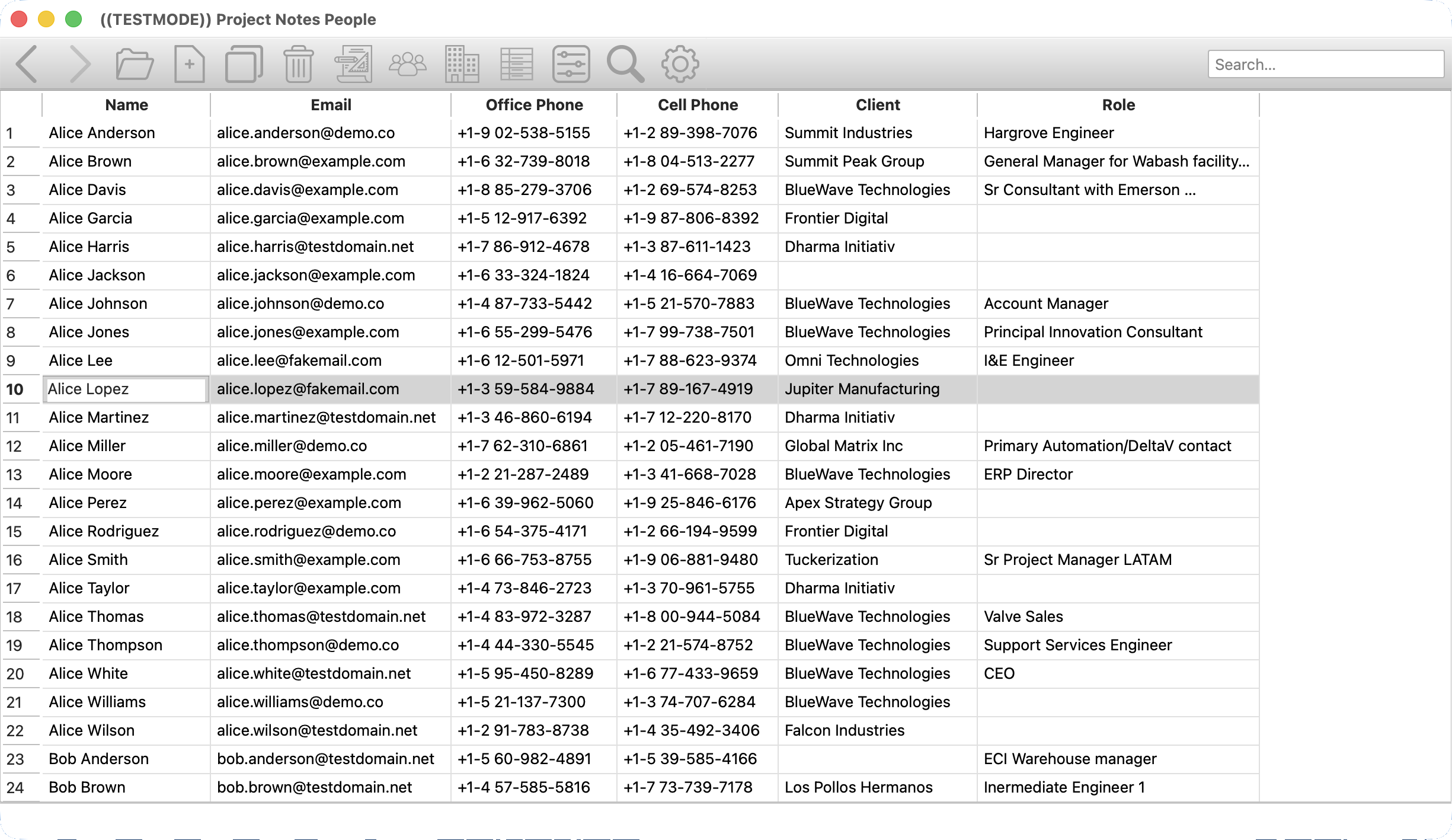 Project Notes contact list on macOS showing client and contact records.