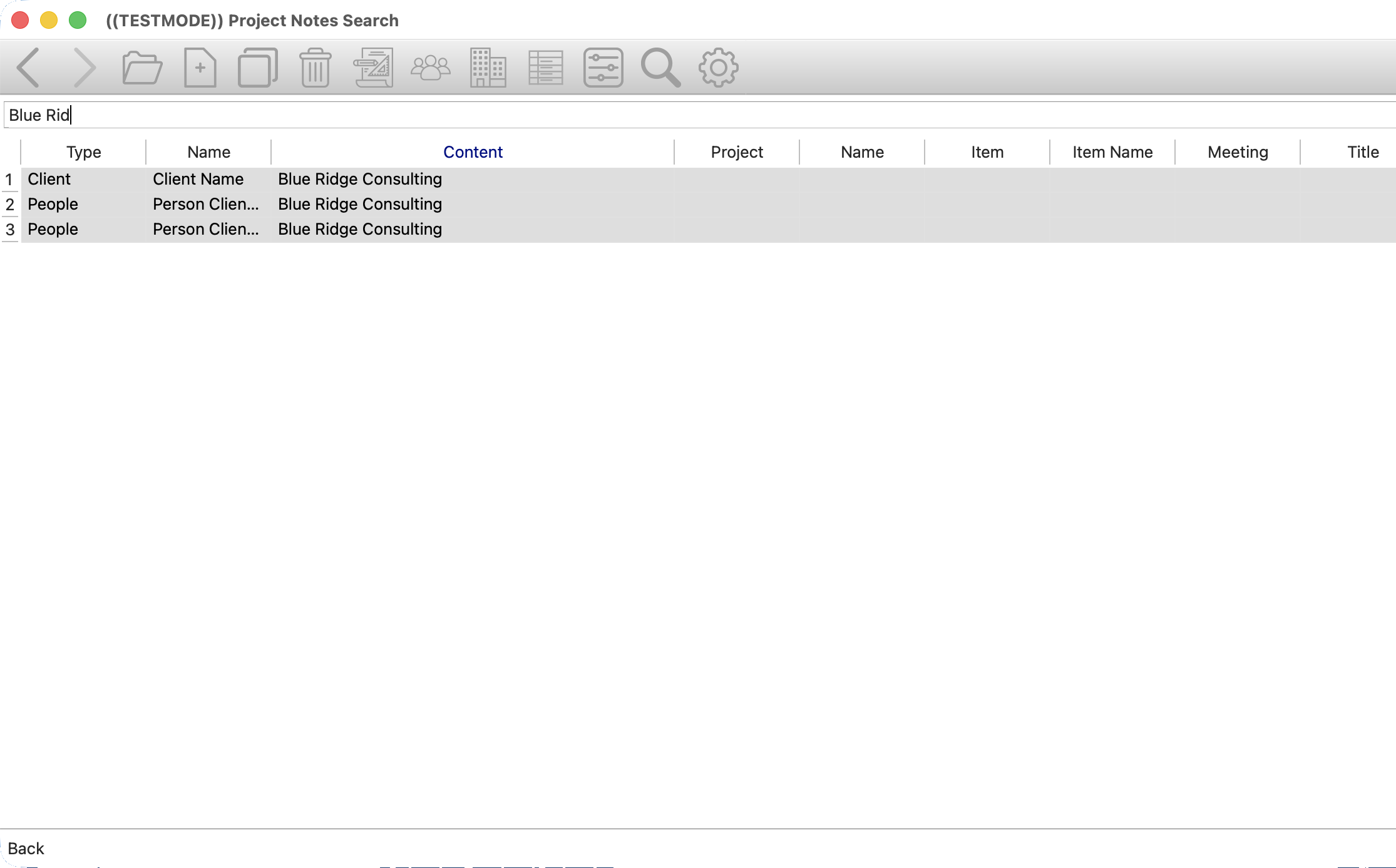 Project Notes full database search on macOS with search results grouped by type.