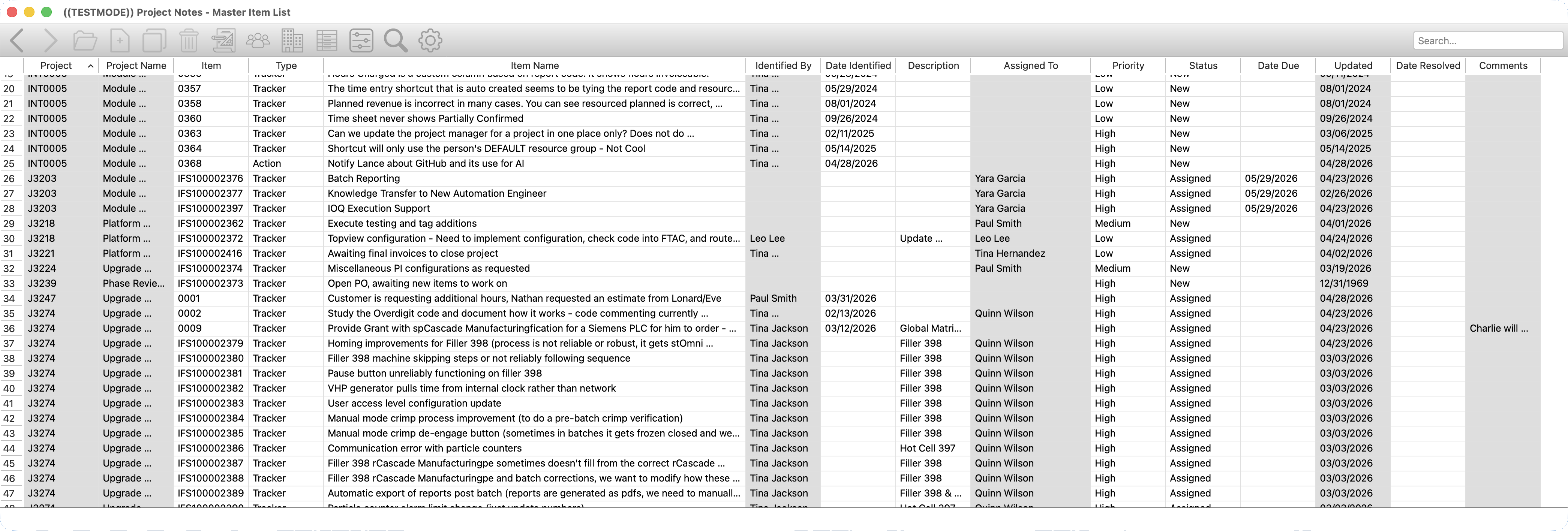 Project Notes master item list on macOS showing project action item tracking.