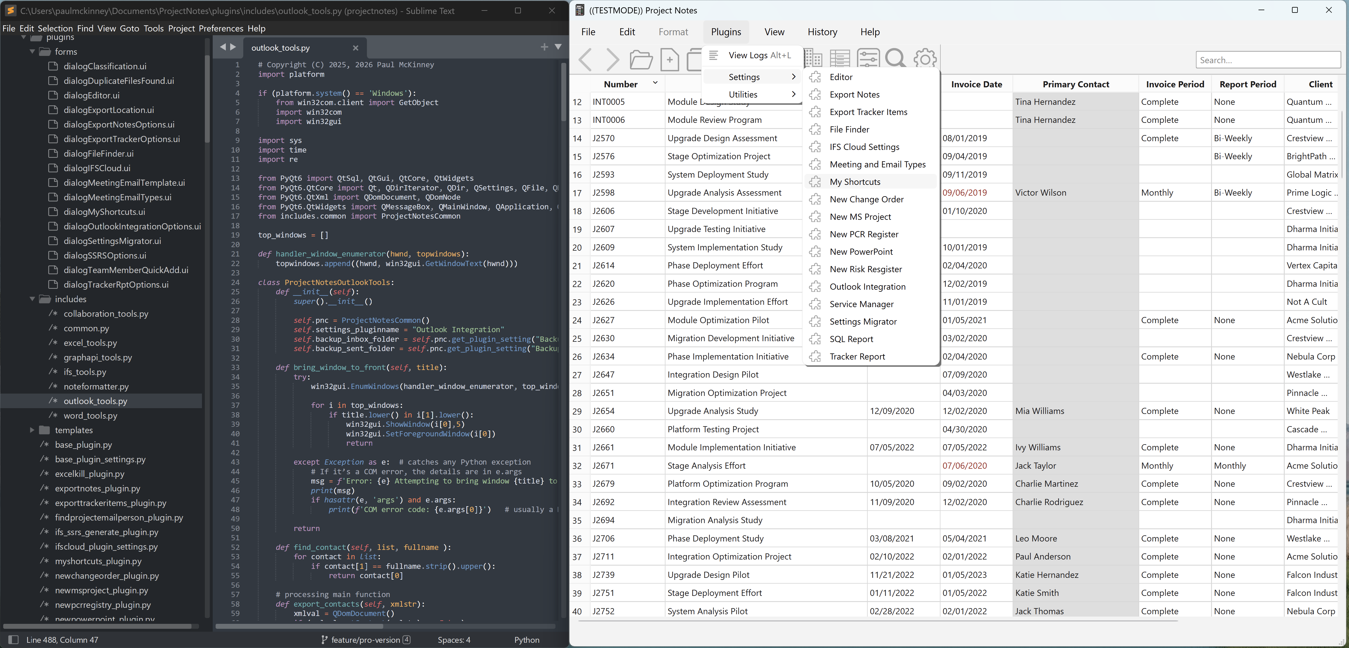 Project Notes Windows plugin editor showing Python plugin code alongside the project list.