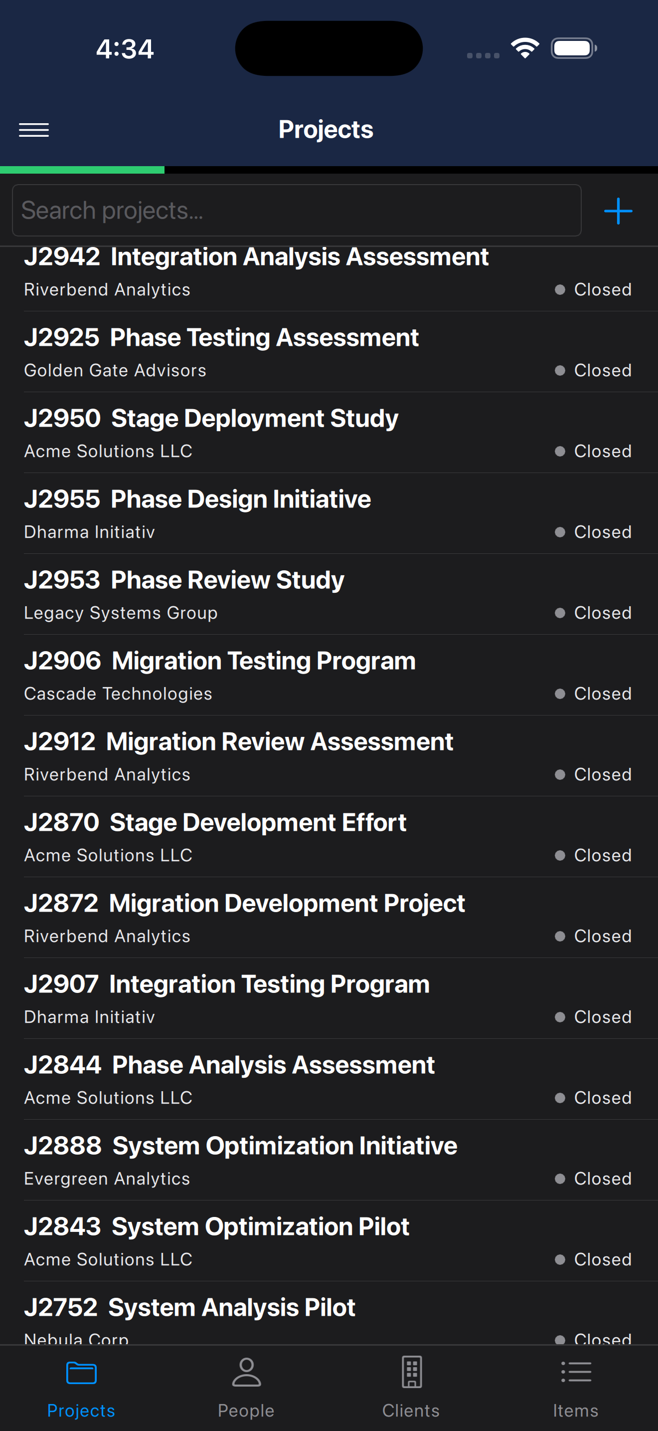 Project Notes project list on iOS in dark mode.