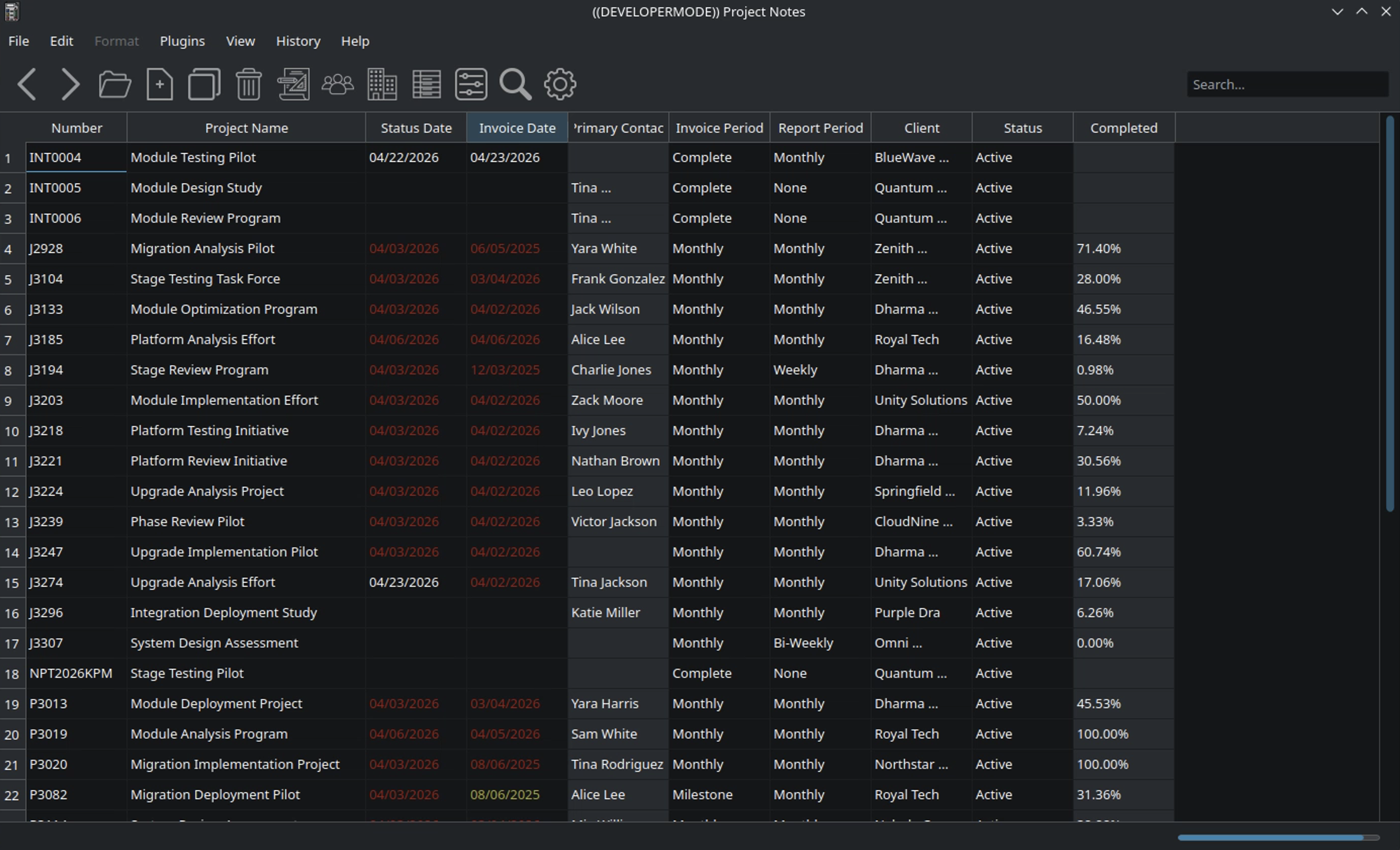 Project Notes running on Linux in dark mode with project records.