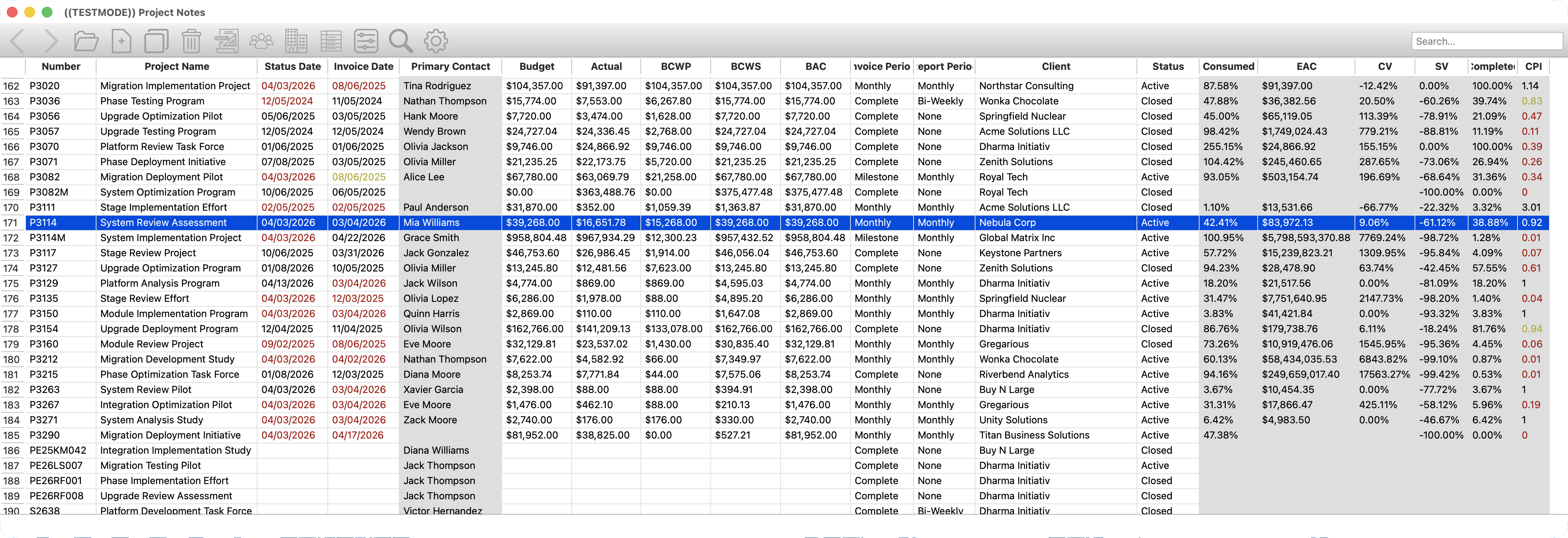 Project Notes running on macOS with project list data.