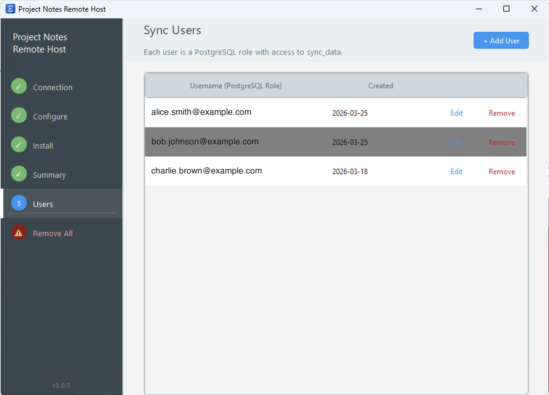 Remote host user setup showing PostgreSQL sync users.