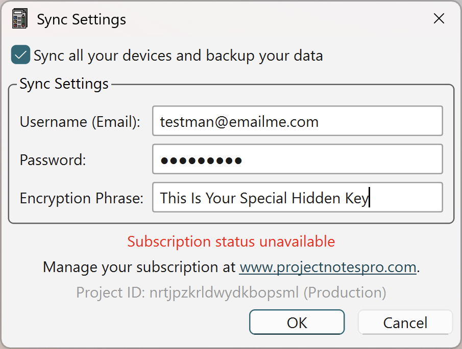 Project Notes sync settings on Linux for a self-hosted PostgREST server.